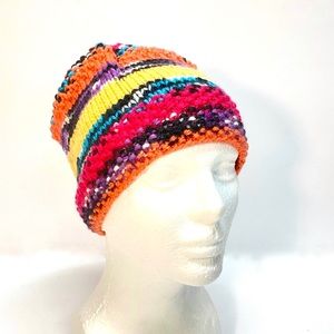 NWT Hand Knit Bright Stripes Ponytail/Messy Bun Beanie Hat One Size Fits Most